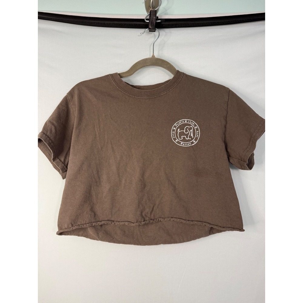 Puppie Love Graphic T-Shirt Womens Small Brown Sunflower Dog Rescue Cropped Tee‎